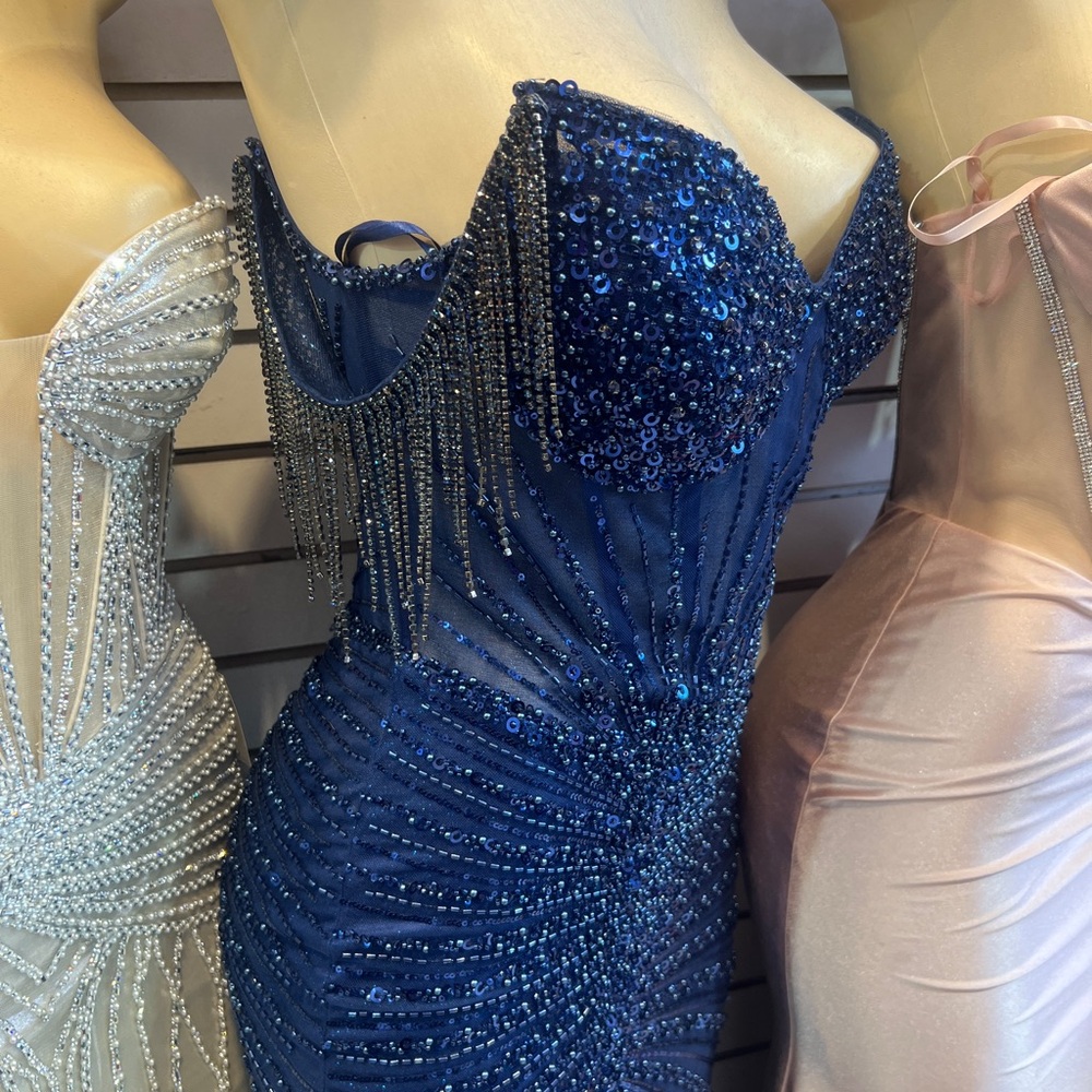 Off The Shoulder Fully Beaded prom dress By Ladivine - Navy - Size 10